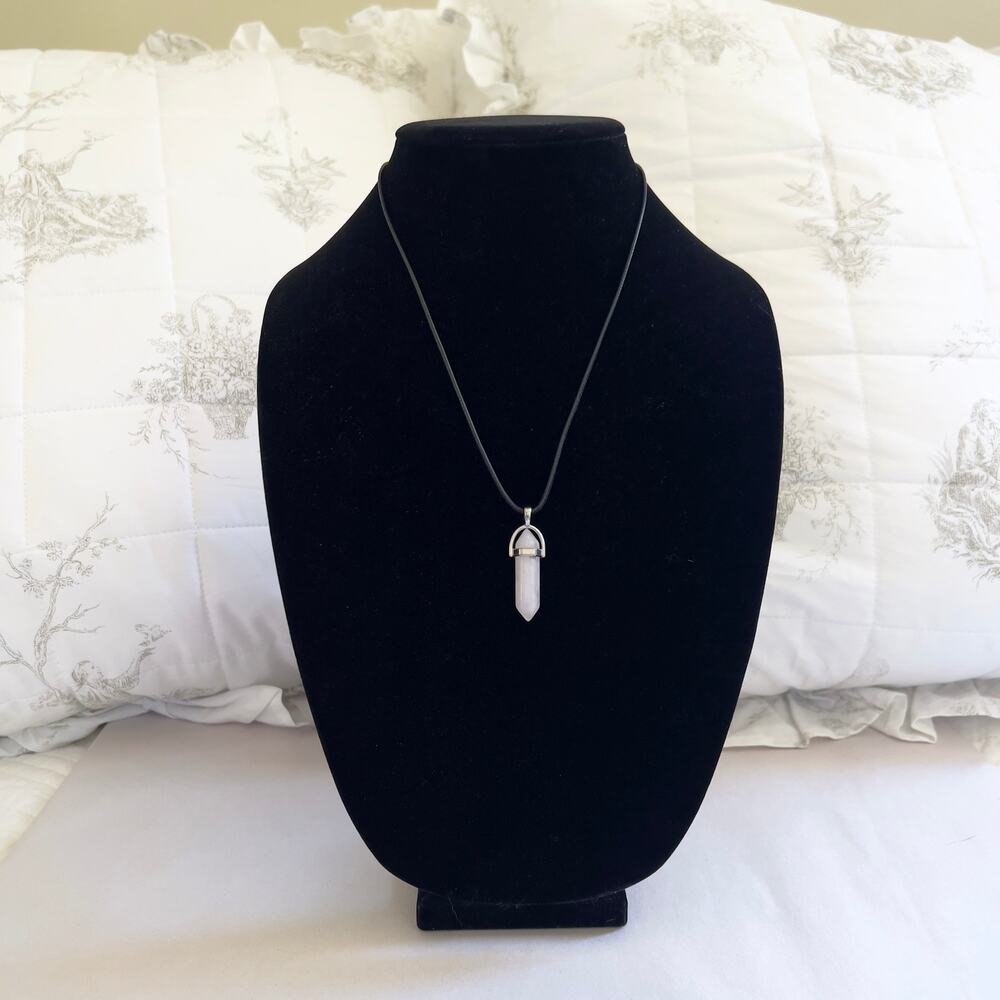 White Crystal Pendant Necklace on Black Wax Cord